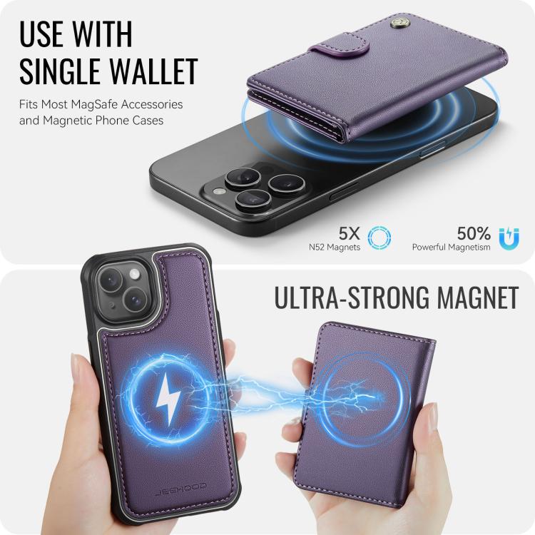 For iPhone 14 JEEHOOD J09 Buckle Card Bag MagSafe Magnetic Style RFID Leather Phone Case