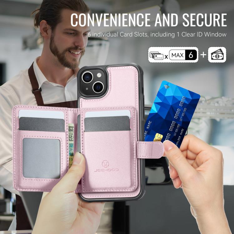 For iPhone 14 JEEHOOD J09 Buckle Card Bag MagSafe Magnetic Style RFID Leather Phone Case