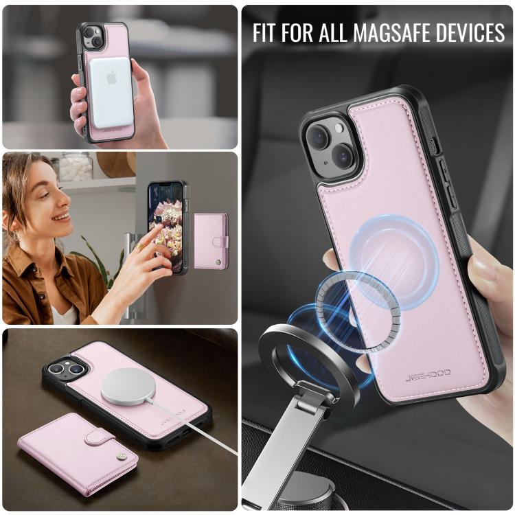 For iPhone 14 JEEHOOD J09 Buckle Card Bag MagSafe Magnetic Style RFID Leather Phone Case
