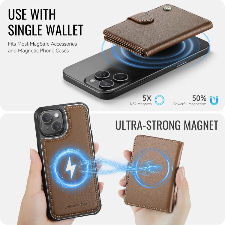 For iPhone 14 JEEHOOD J09 Buckle Card Bag MagSafe Magnetic Style RFID Leather Phone Case
