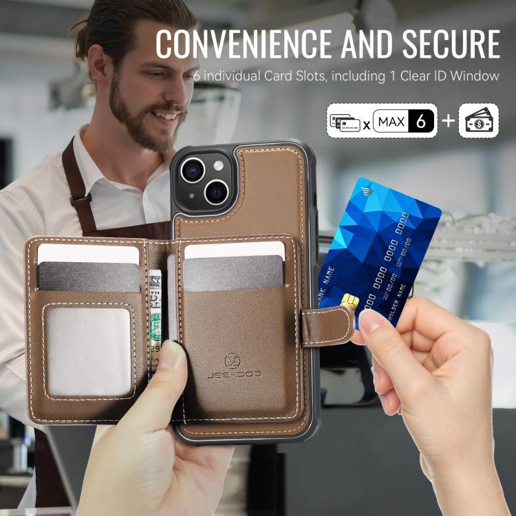 For iPhone 14 JEEHOOD J09 Buckle Card Bag MagSafe Magnetic Style RFID Leather Phone Case