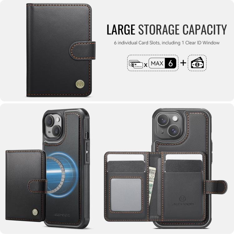 For iPhone 14 JEEHOOD J09 Buckle Card Bag MagSafe Magnetic Style RFID Leather Phone Case