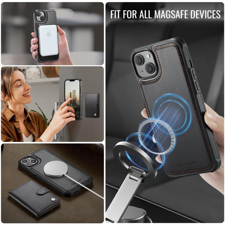 For iPhone 14 JEEHOOD J09 Buckle Card Bag MagSafe Magnetic Style RFID Leather Phone Case