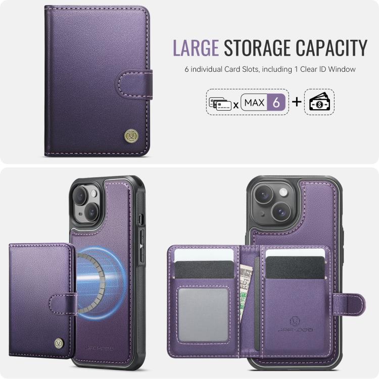 For iPhone 13 JEEHOOD J09 Buckle Card Bag MagSafe Magnetic Style RFID Leather Phone Case