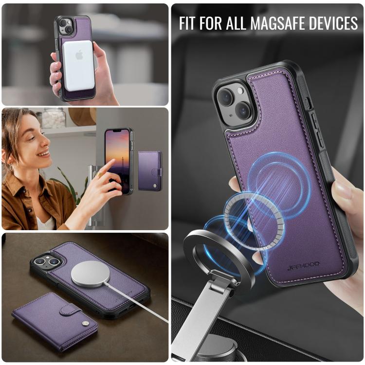 For iPhone 13 JEEHOOD J09 Buckle Card Bag MagSafe Magnetic Style RFID Leather Phone Case