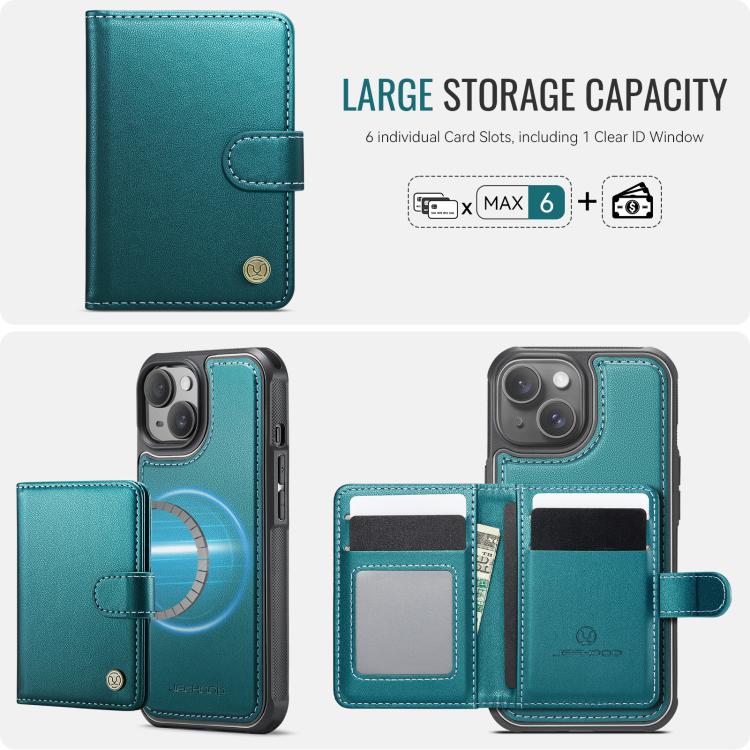 For iPhone 13 JEEHOOD J09 Buckle Card Bag MagSafe Magnetic Style RFID Leather Phone Case