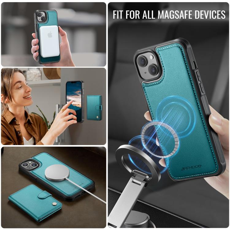 For iPhone 13 JEEHOOD J09 Buckle Card Bag MagSafe Magnetic Style RFID Leather Phone Case