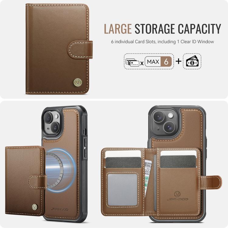 For iPhone 13 JEEHOOD J09 Buckle Card Bag MagSafe Magnetic Style RFID Leather Phone Case