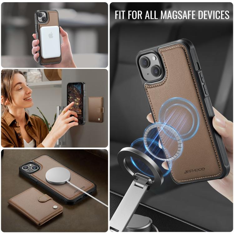 For iPhone 13 JEEHOOD J09 Buckle Card Bag MagSafe Magnetic Style RFID Leather Phone Case