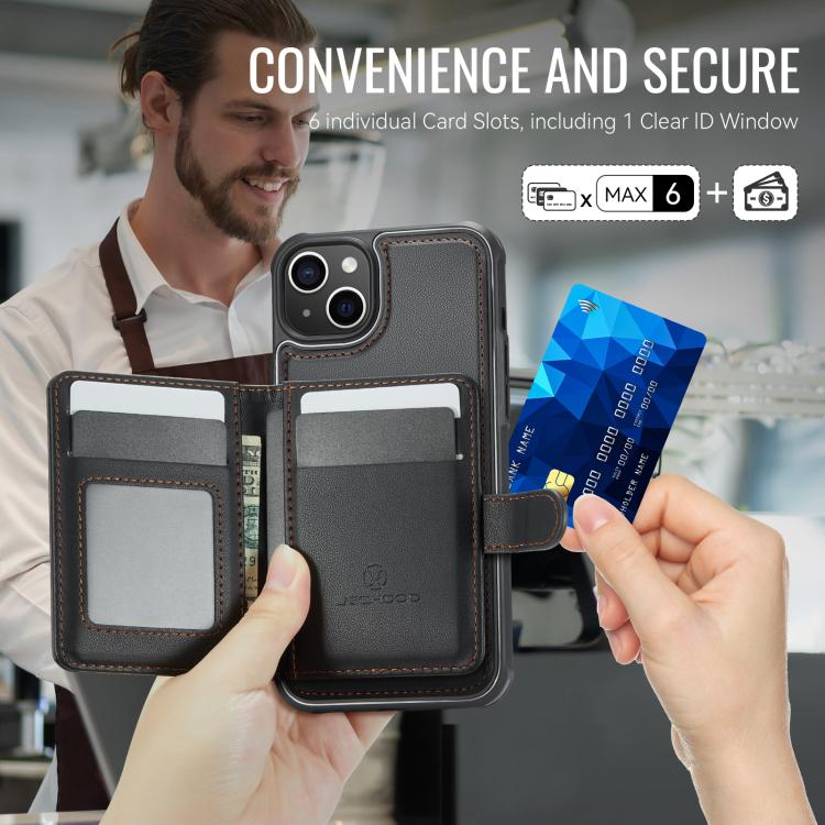 For iPhone 13 JEEHOOD J09 Buckle Card Bag MagSafe Magnetic Style RFID Leather Phone Case
