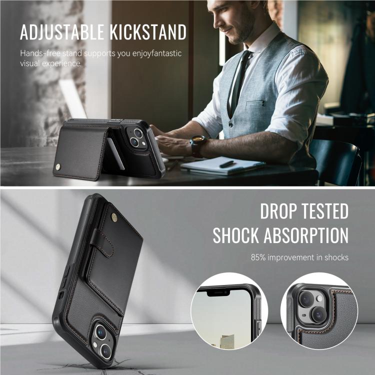 For iPhone 13 JEEHOOD J09 Buckle Card Bag MagSafe Magnetic Style RFID Leather Phone Case