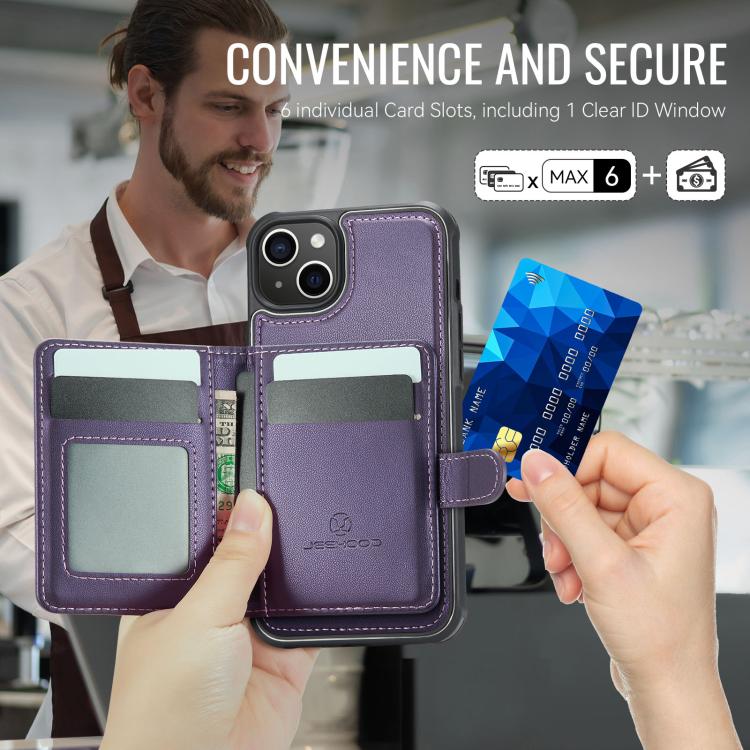 For iPhone 15 Plus / 14 Plus JEEHOOD J09 Buckle Card Bag MagSafe Magnetic Style RFID Leather Phone Case