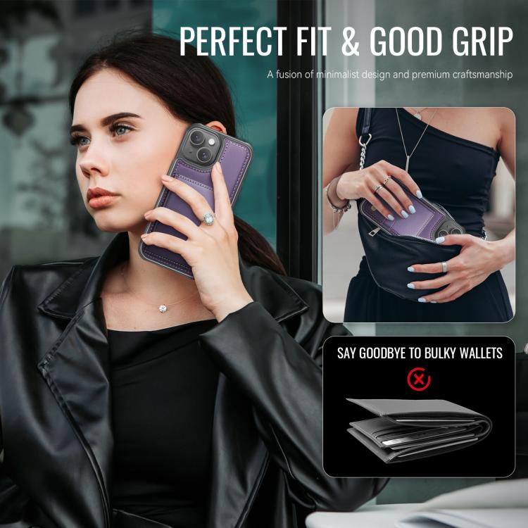 For iPhone 15 Plus / 14 Plus JEEHOOD J09 Buckle Card Bag MagSafe Magnetic Style RFID Leather Phone Case
