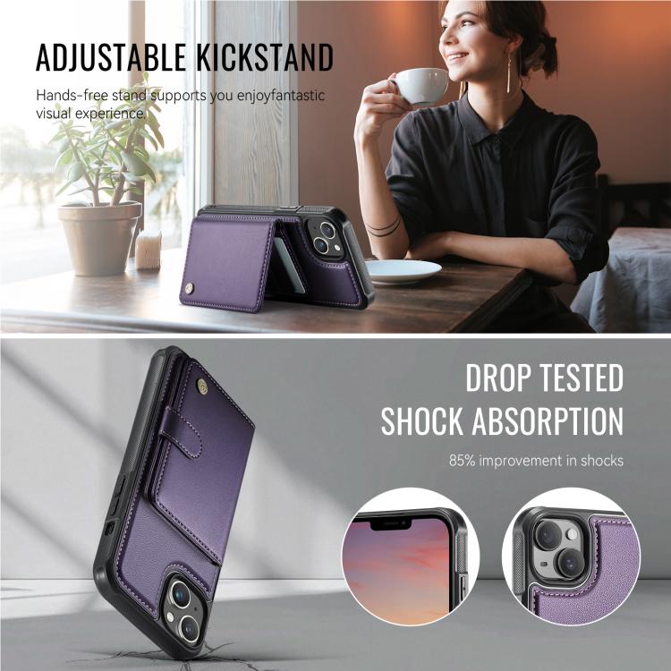 For iPhone 15 Plus / 14 Plus JEEHOOD J09 Buckle Card Bag MagSafe Magnetic Style RFID Leather Phone Case