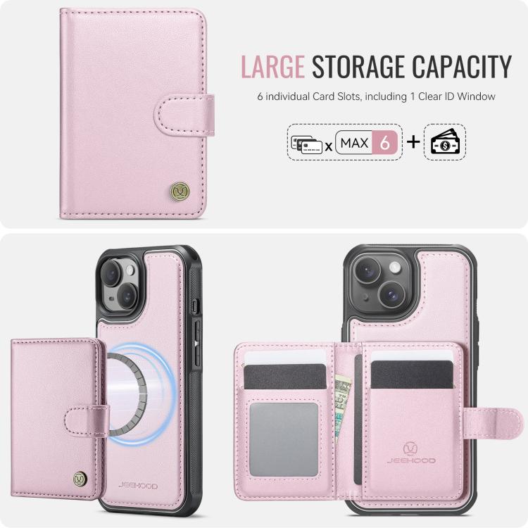 For iPhone 15 Plus / 14 Plus JEEHOOD J09 Buckle Card Bag MagSafe Magnetic Style RFID Leather Phone Case