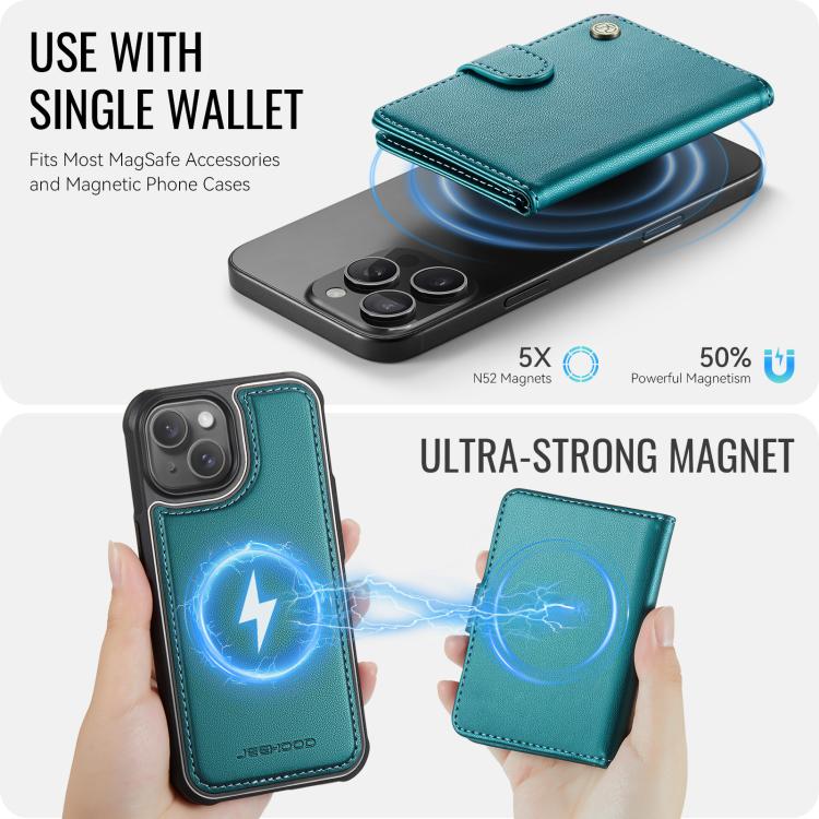 For iPhone 15 Plus / 14 Plus JEEHOOD J09 Buckle Card Bag MagSafe Magnetic Style RFID Leather Phone Case