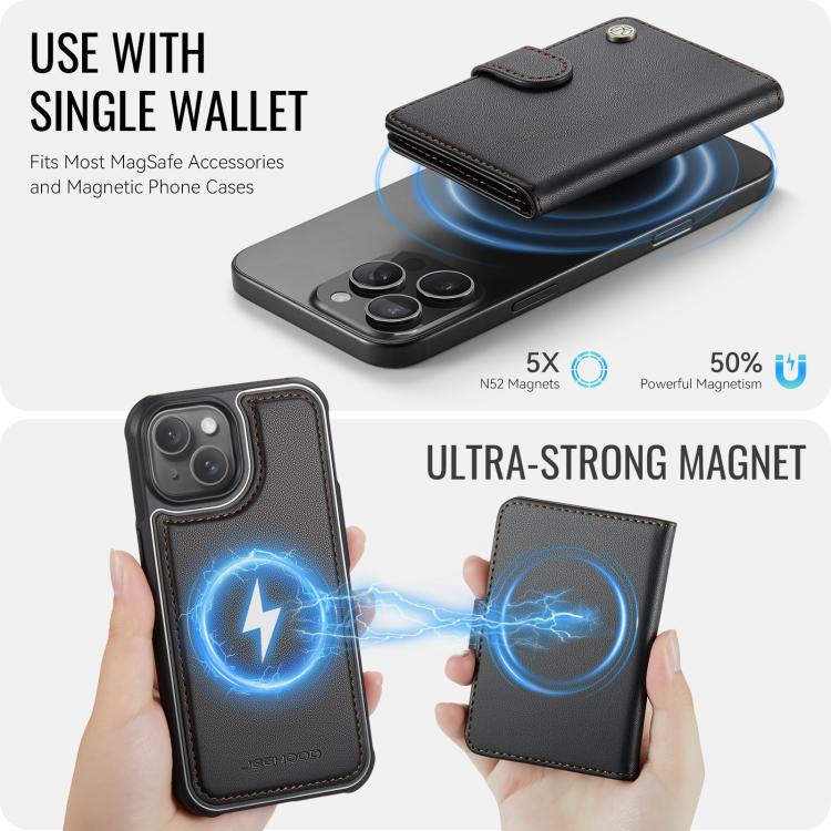 For iPhone 15 Plus / 14 Plus JEEHOOD J09 Buckle Card Bag MagSafe Magnetic Style RFID Leather Phone Case