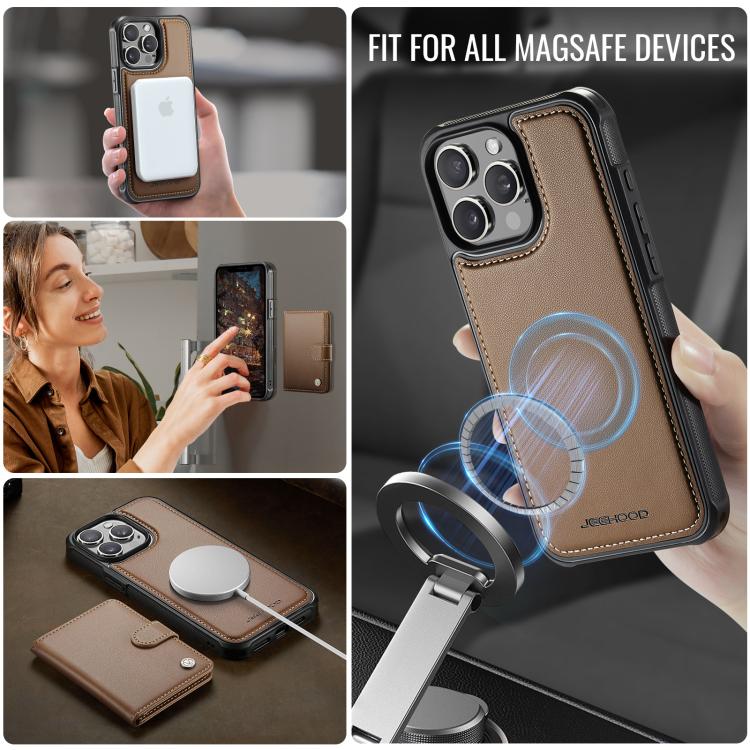 For iPhone 13 Pro Max JEEHOOD J09 Buckle Card Bag MagSafe Magnetic Style RFID Leather Phone Case