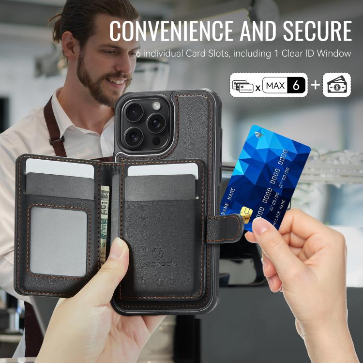 For iPhone 13 Pro Max JEEHOOD J09 Buckle Card Bag MagSafe Magnetic Style RFID Leather Phone Case