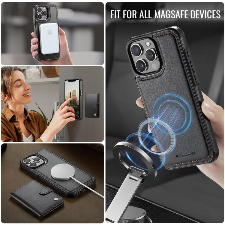 For iPhone 13 Pro JEEHOOD J09 Buckle Card Bag MagSafe Magnetic Style RFID Leather Phone Case
