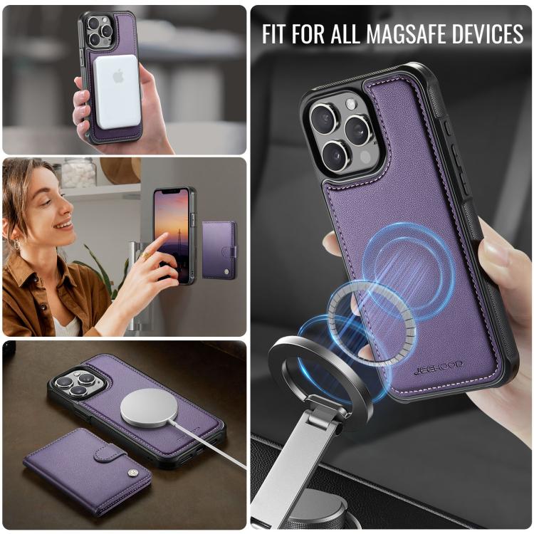 For iPhone 14 Pro JEEHOOD J09 Buckle Card Bag MagSafe Magnetic Style RFID Leather Phone Case