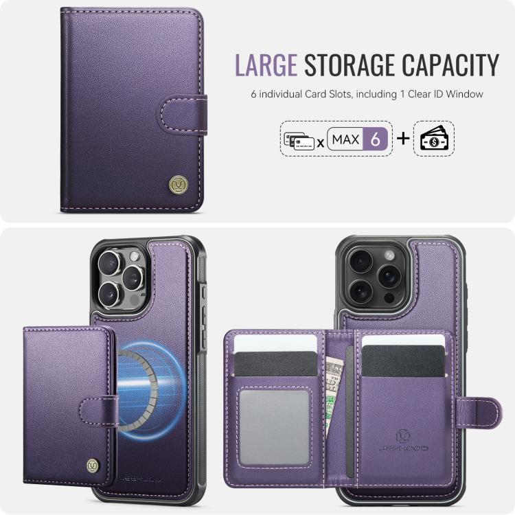For iPhone 14 Pro Max JEEHOOD J09 Buckle Card Bag MagSafe Magnetic Style RFID Leather Phone Case