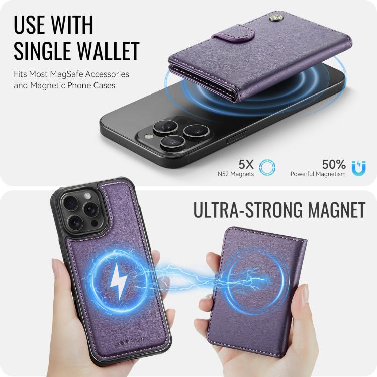 For iPhone 15 Pro Max JEEHOOD J09 Buckle Card Bag MagSafe Magnetic Style RFID Leather Phone Case