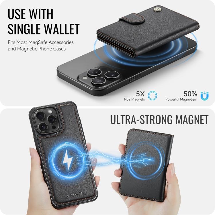 For iPhone 15 Pro Max JEEHOOD J09 Buckle Card Bag MagSafe Magnetic Style RFID Leather Phone Case