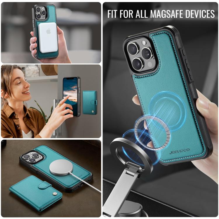 For iPhone 15 Pro JEEHOOD J09 Buckle Card Bag MagSafe Magnetic Style RFID Leather Phone Case