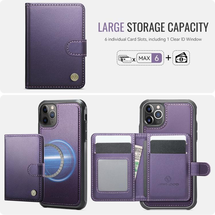 For iPhone 11 Pro Max JEEHOOD J09 Buckle Card Bag MagSafe Magnetic Style RFID Leather Phone Case