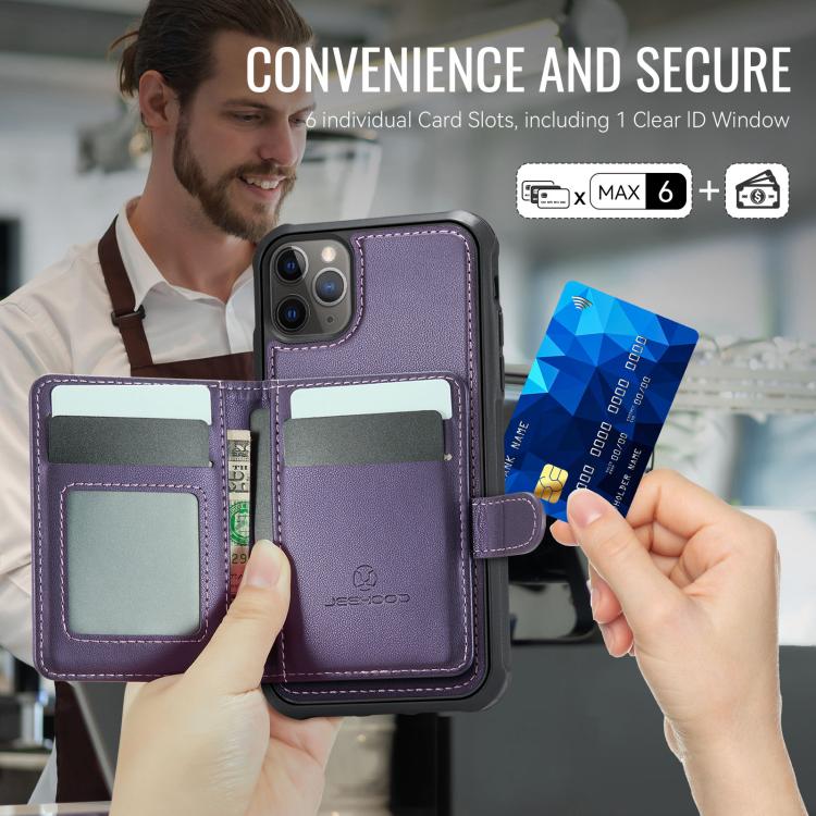 For iPhone 11 Pro Max JEEHOOD J09 Buckle Card Bag MagSafe Magnetic Style RFID Leather Phone Case