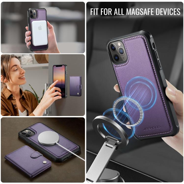 For iPhone 11 Pro Max JEEHOOD J09 Buckle Card Bag MagSafe Magnetic Style RFID Leather Phone Case