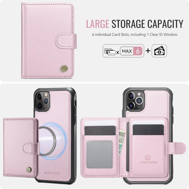 For iPhone 11 Pro Max JEEHOOD J09 Buckle Card Bag MagSafe Magnetic Style RFID Leather Phone Case