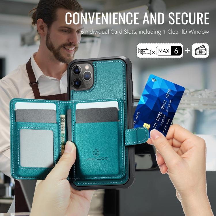 For iPhone 11 Pro Max JEEHOOD J09 Buckle Card Bag MagSafe Magnetic Style RFID Leather Phone Case