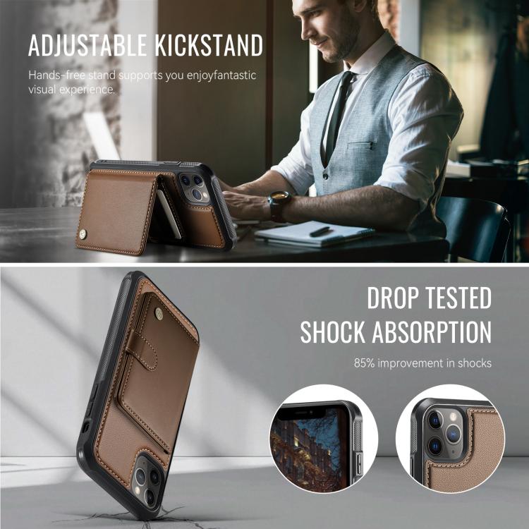 For iPhone 11 Pro Max JEEHOOD J09 Buckle Card Bag MagSafe Magnetic Style RFID Leather Phone Case