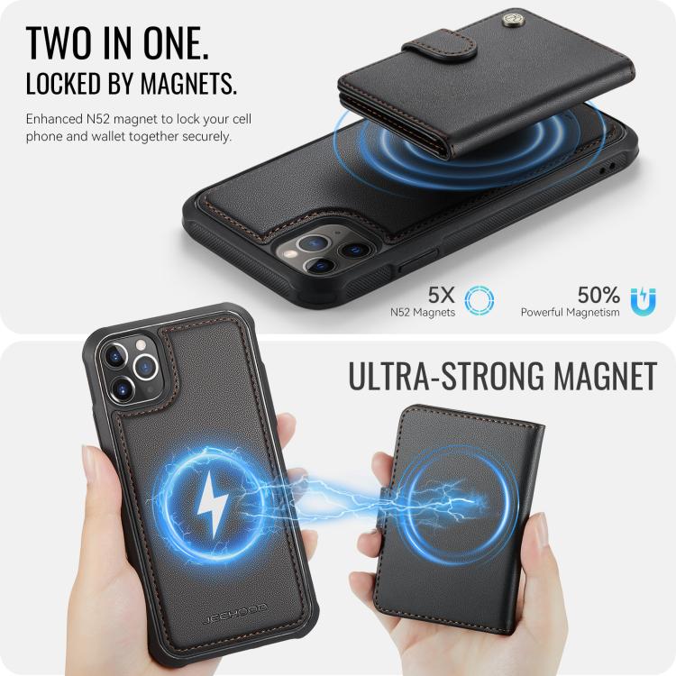 For iPhone 11 Pro Max JEEHOOD J09 Buckle Card Bag MagSafe Magnetic Style RFID Leather Phone Case