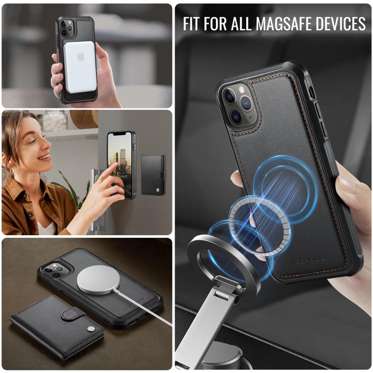 For iPhone 11 Pro Max JEEHOOD J09 Buckle Card Bag MagSafe Magnetic Style RFID Leather Phone Case