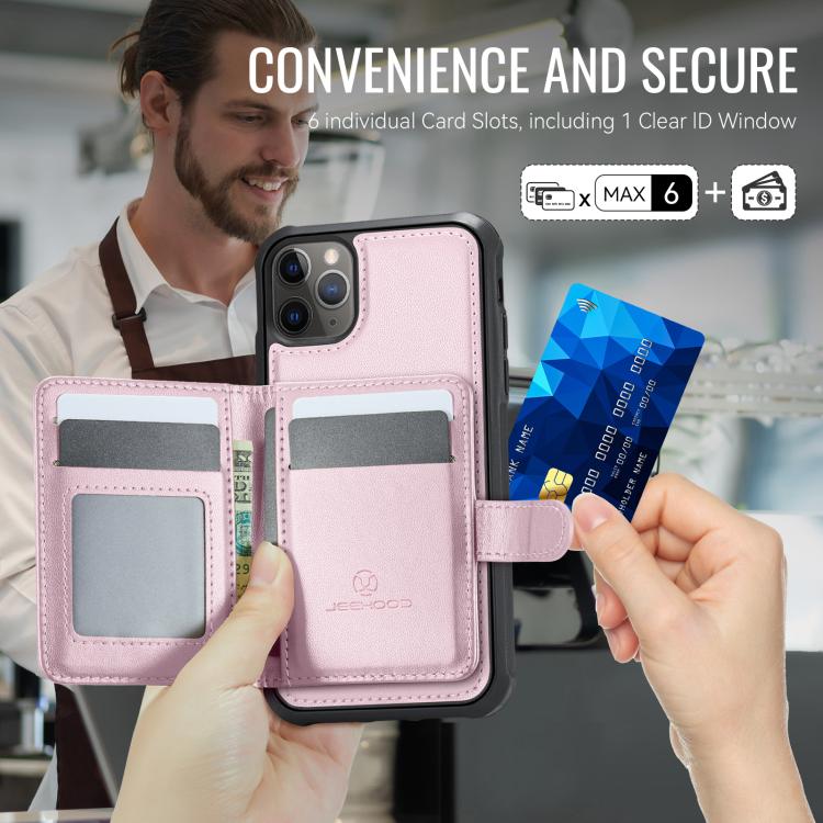 For iPhone 11 Pro JEEHOOD J09 Buckle Card Bag MagSafe Magnetic Style RFID Leather Phone Case