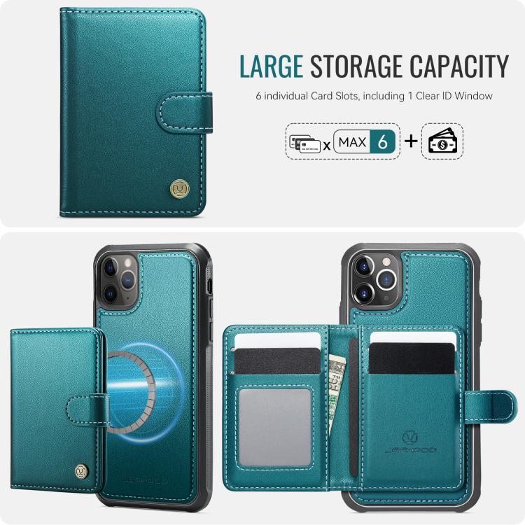 For iPhone 11 Pro JEEHOOD J09 Buckle Card Bag MagSafe Magnetic Style RFID Leather Phone Case