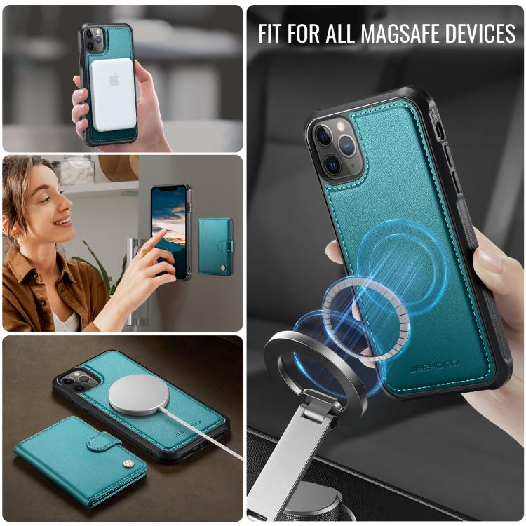 For iPhone 11 Pro JEEHOOD J09 Buckle Card Bag MagSafe Magnetic Style RFID Leather Phone Case