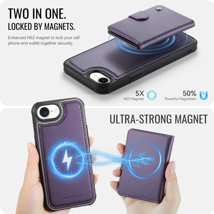 For iPhone 17e / 16e JEEHOOD J09 Buckle Card Bag MagSafe Magnetic Style RFID Leather Phone Case