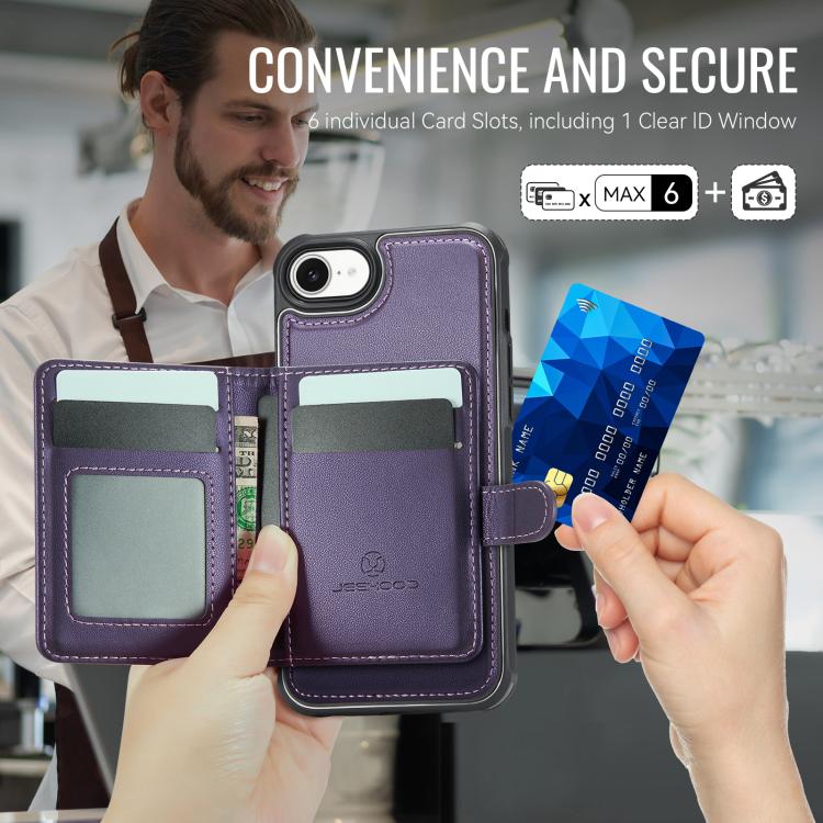 For iPhone 17e / 16e JEEHOOD J09 Buckle Card Bag MagSafe Magnetic Style RFID Leather Phone Case