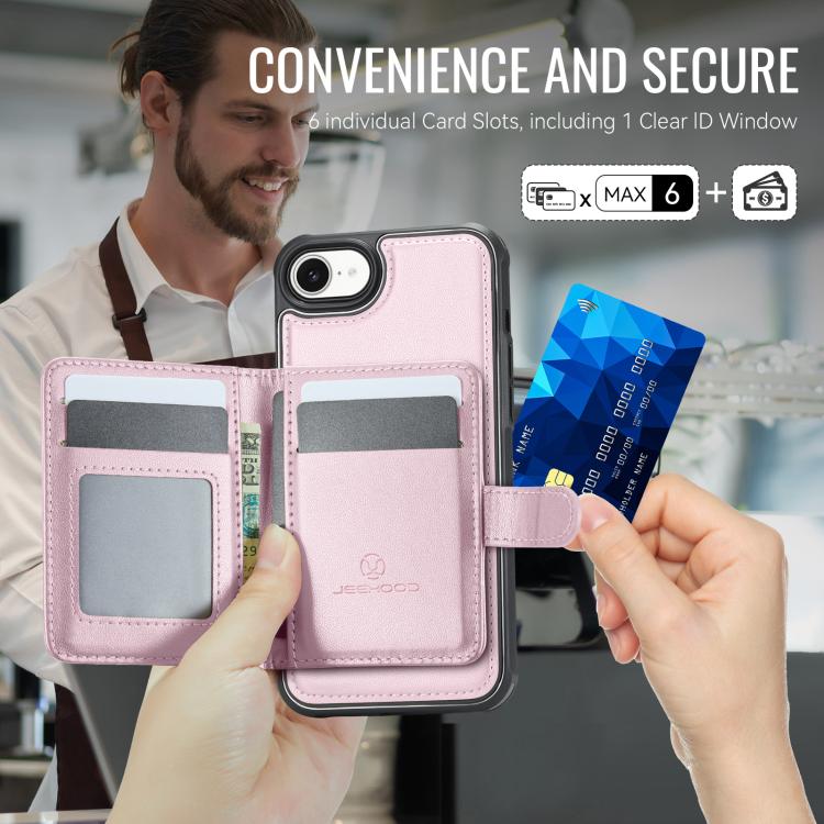 For iPhone 17e / 16e JEEHOOD J09 Buckle Card Bag MagSafe Magnetic Style RFID Leather Phone Case