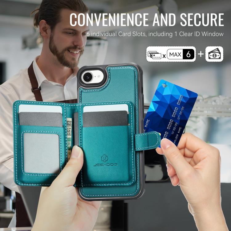 For iPhone 17e / 16e JEEHOOD J09 Buckle Card Bag MagSafe Magnetic Style RFID Leather Phone Case
