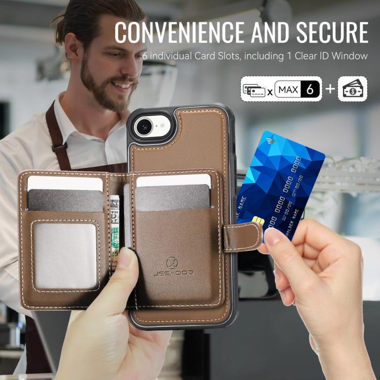 For iPhone 17e / 16e JEEHOOD J09 Buckle Card Bag MagSafe Magnetic Style RFID Leather Phone Case