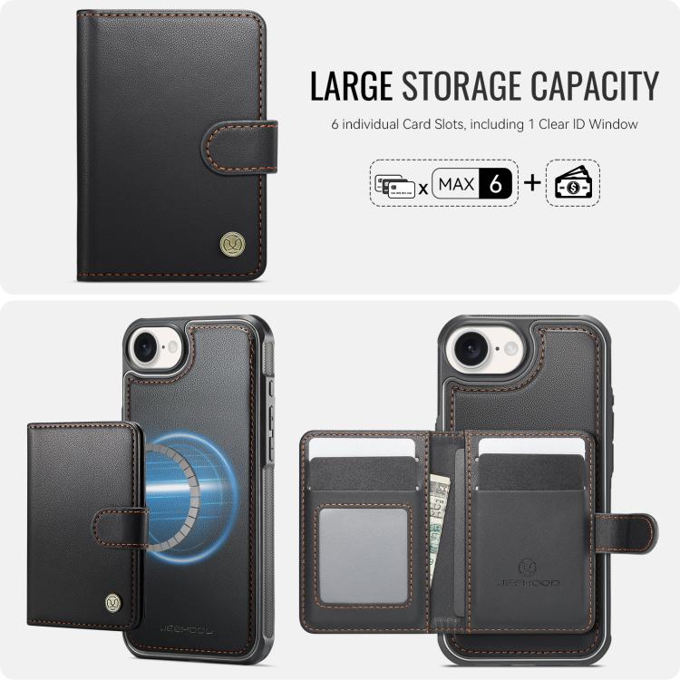 For iPhone 17e / 16e JEEHOOD J09 Buckle Card Bag MagSafe Magnetic Style RFID Leather Phone Case