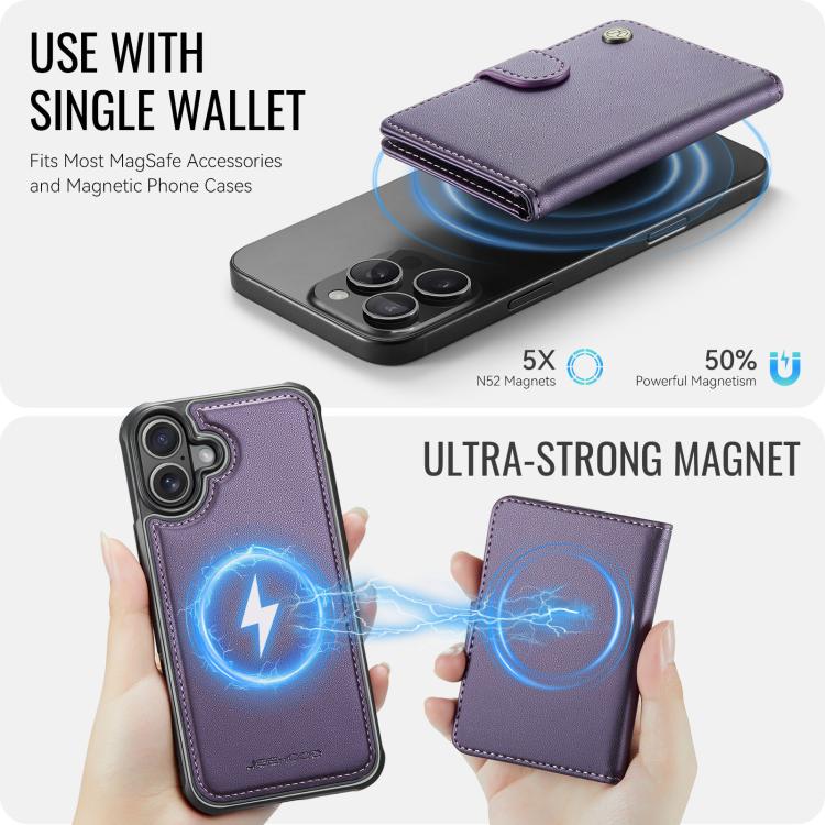 For iPhone 16 Plus JEEHOOD J09 Buckle Card Bag MagSafe Magnetic Style RFID Leather Phone Case
