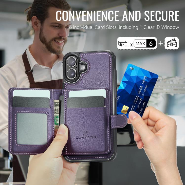 For iPhone 16 Plus JEEHOOD J09 Buckle Card Bag MagSafe Magnetic Style RFID Leather Phone Case