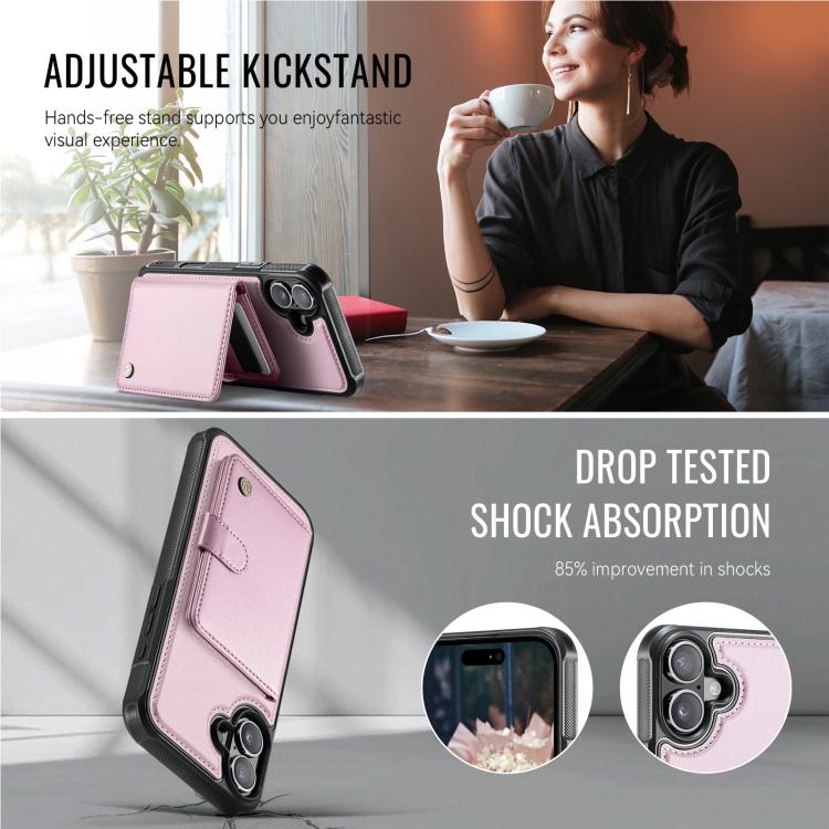 For iPhone 16 Plus JEEHOOD J09 Buckle Card Bag MagSafe Magnetic Style RFID Leather Phone Case