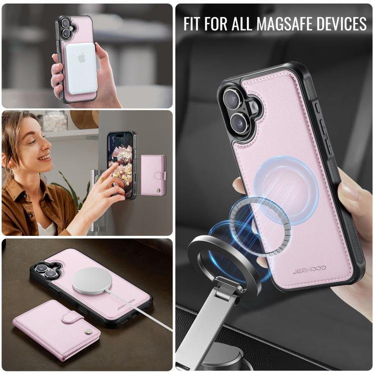 For iPhone 16 Plus JEEHOOD J09 Buckle Card Bag MagSafe Magnetic Style RFID Leather Phone Case